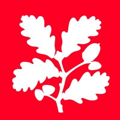 National Trust logo - white oak leaves on a red background